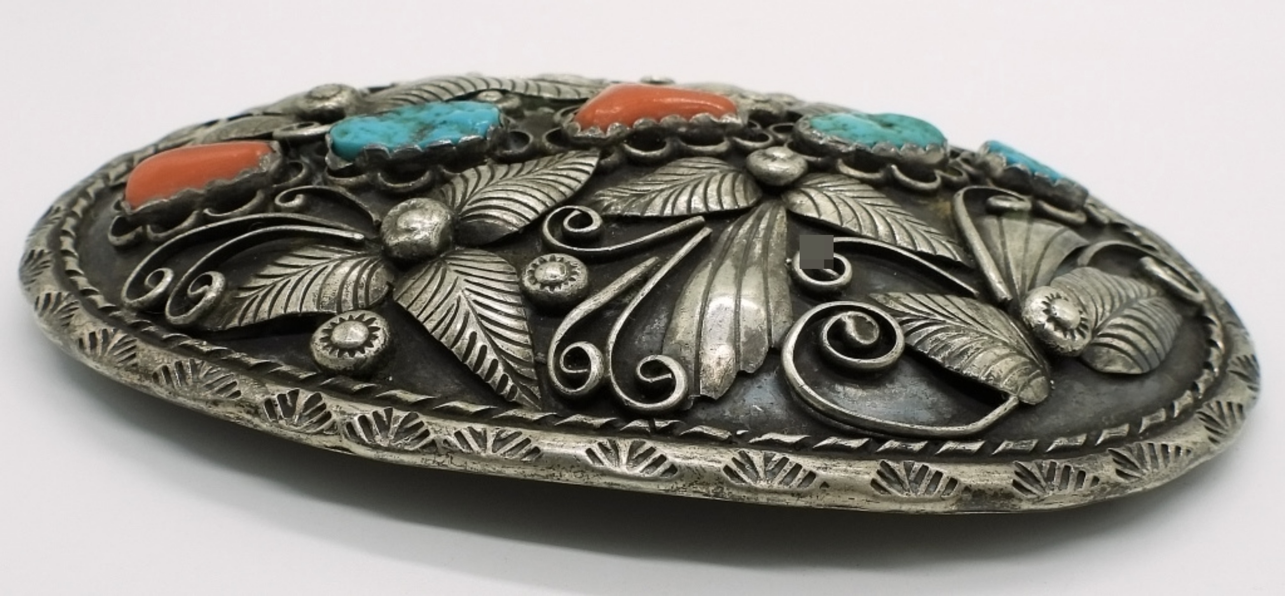 Large Sterling Belt Buckle, Turquoise & Coral