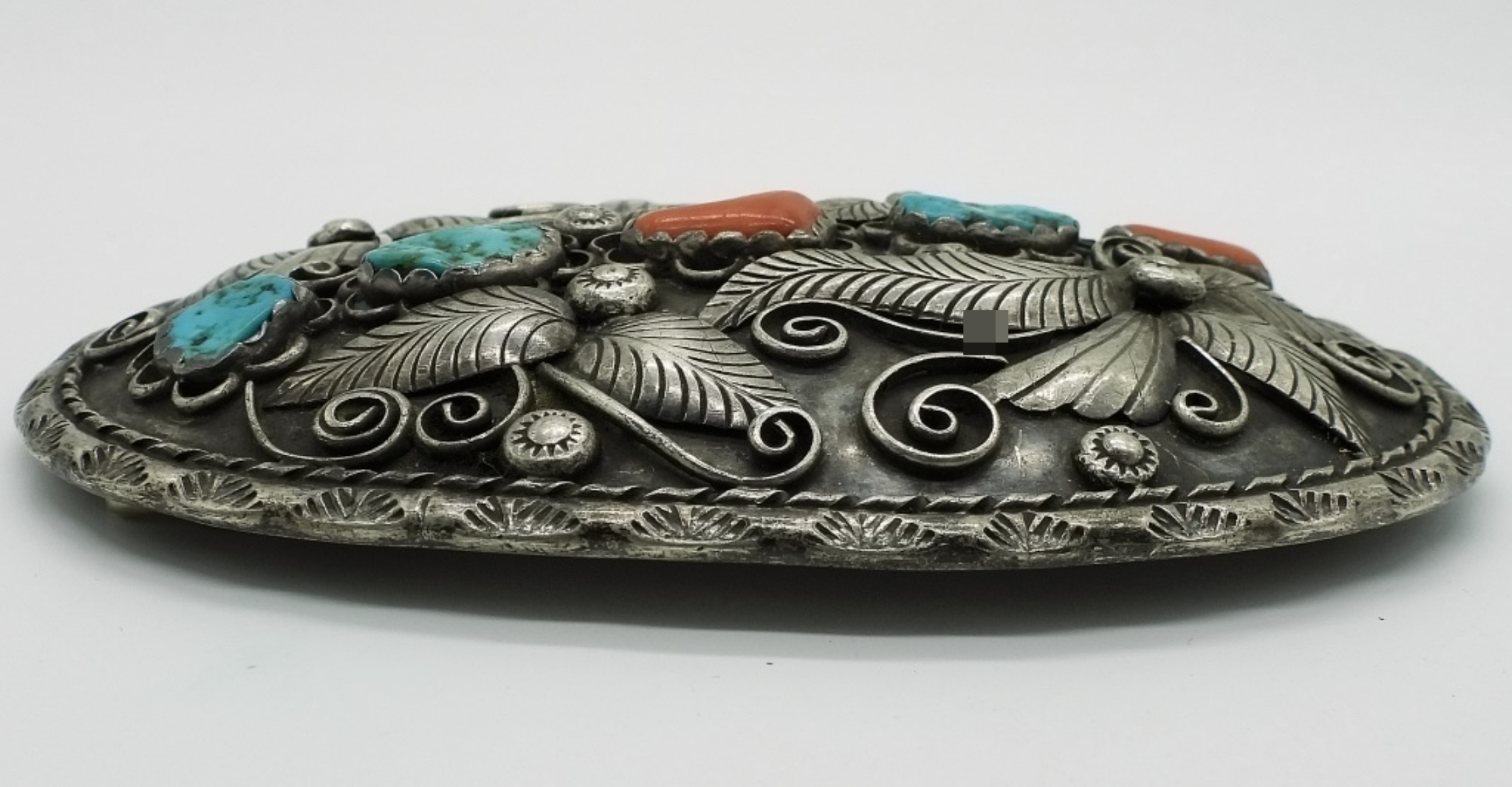Large Sterling Belt Buckle, Turquoise & Coral