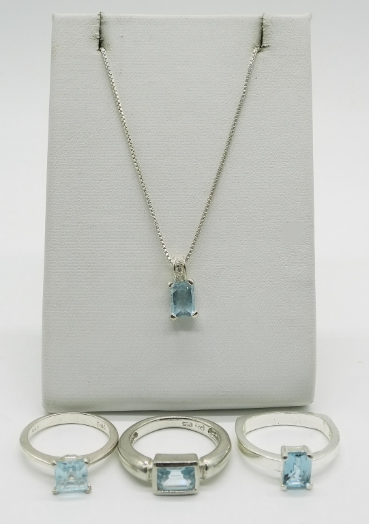 4 Piece Sterling, Blue Topaz Rings & Necklace