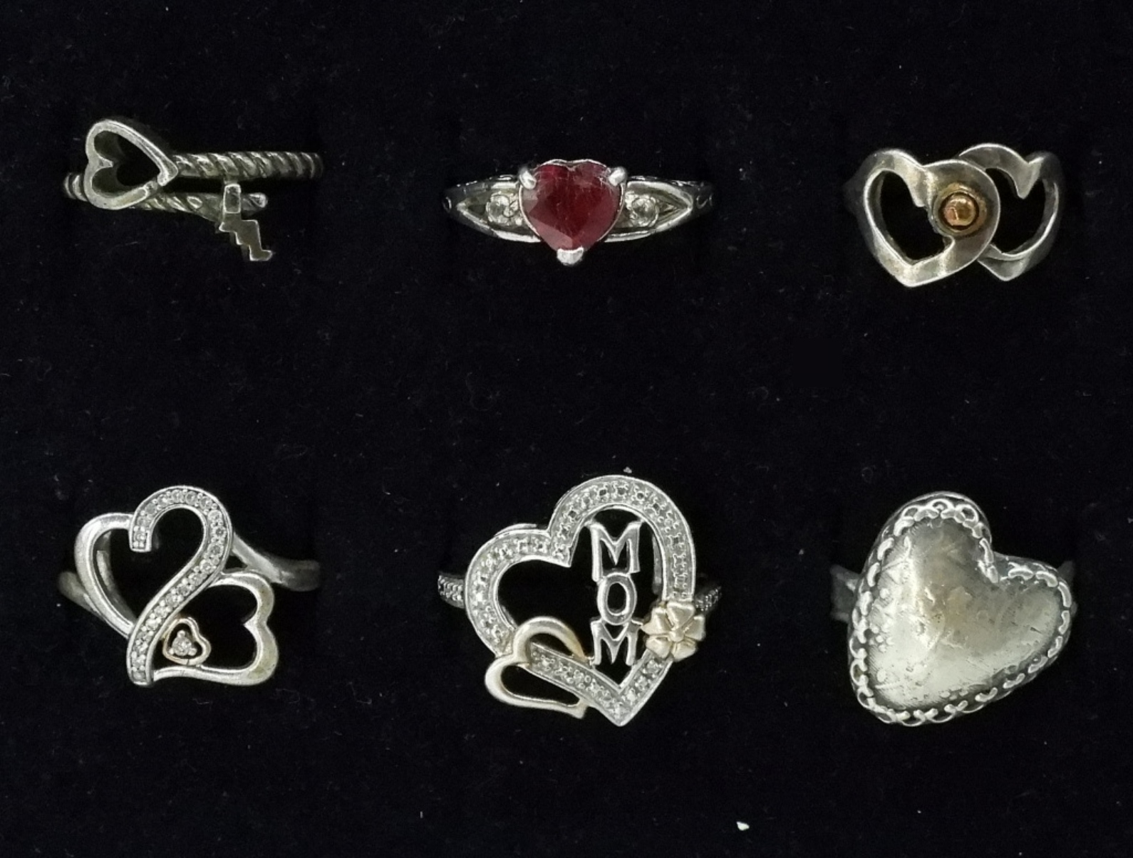 6 Sterling Silver Heart Rings, Fashion Jewelry