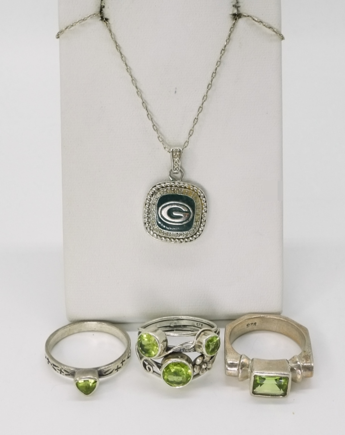 Green Bay Packers Necklace & Peridot Rings 925