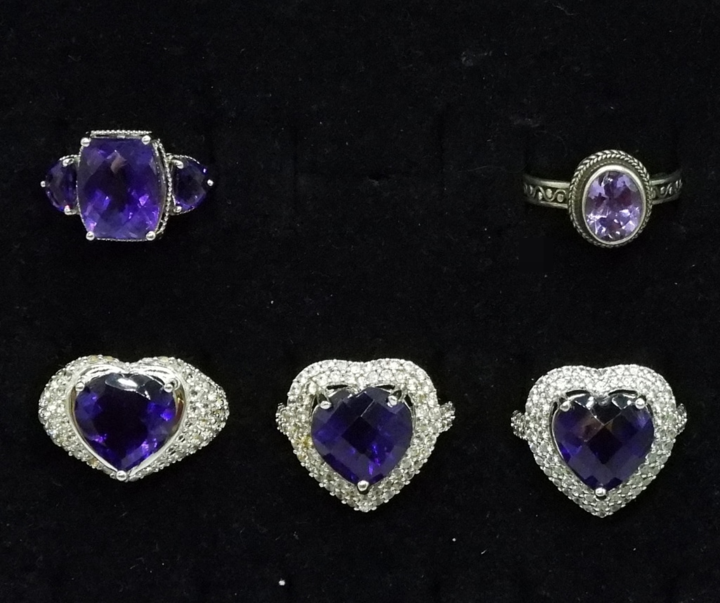 Five Sterling Amethyst Rings