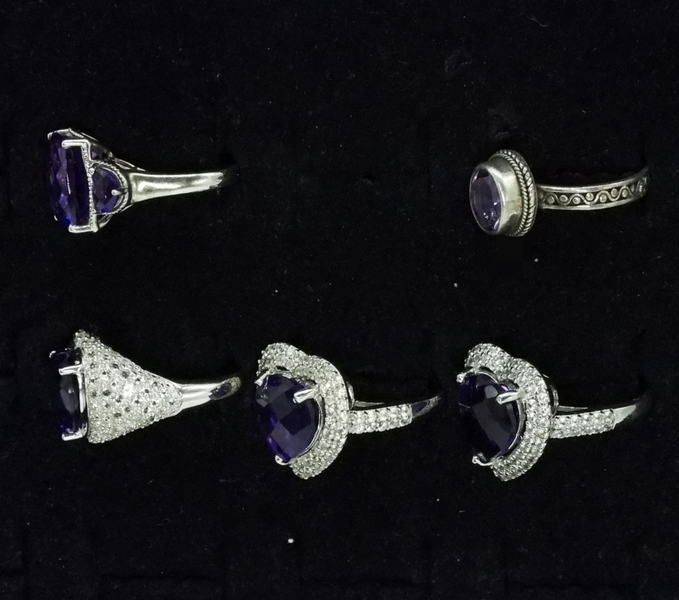 Five Sterling Amethyst Rings