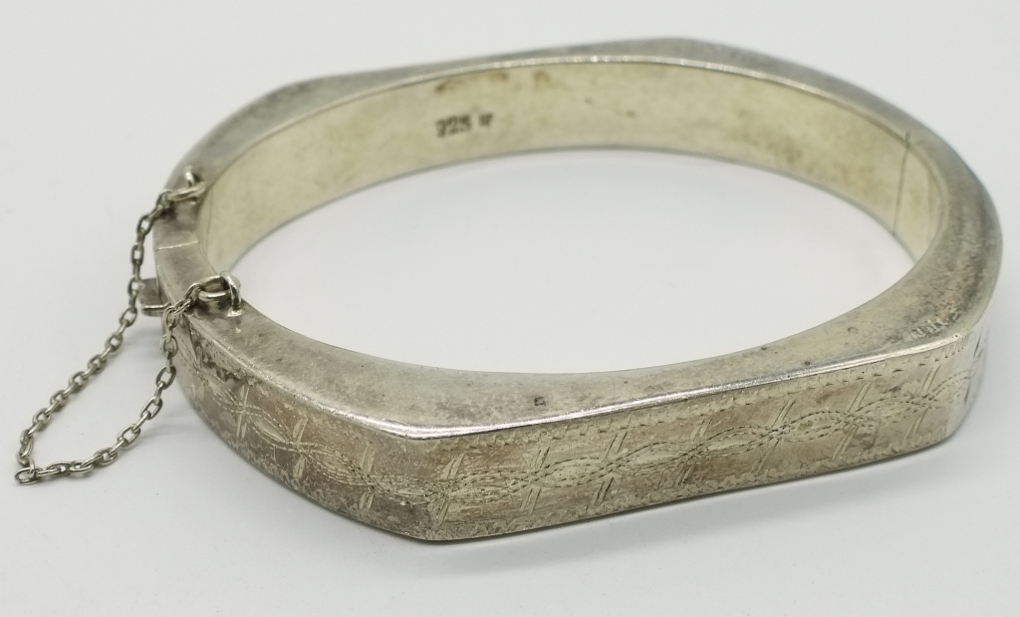 Sterling Silver Hinged Bracelet, Etched Design
