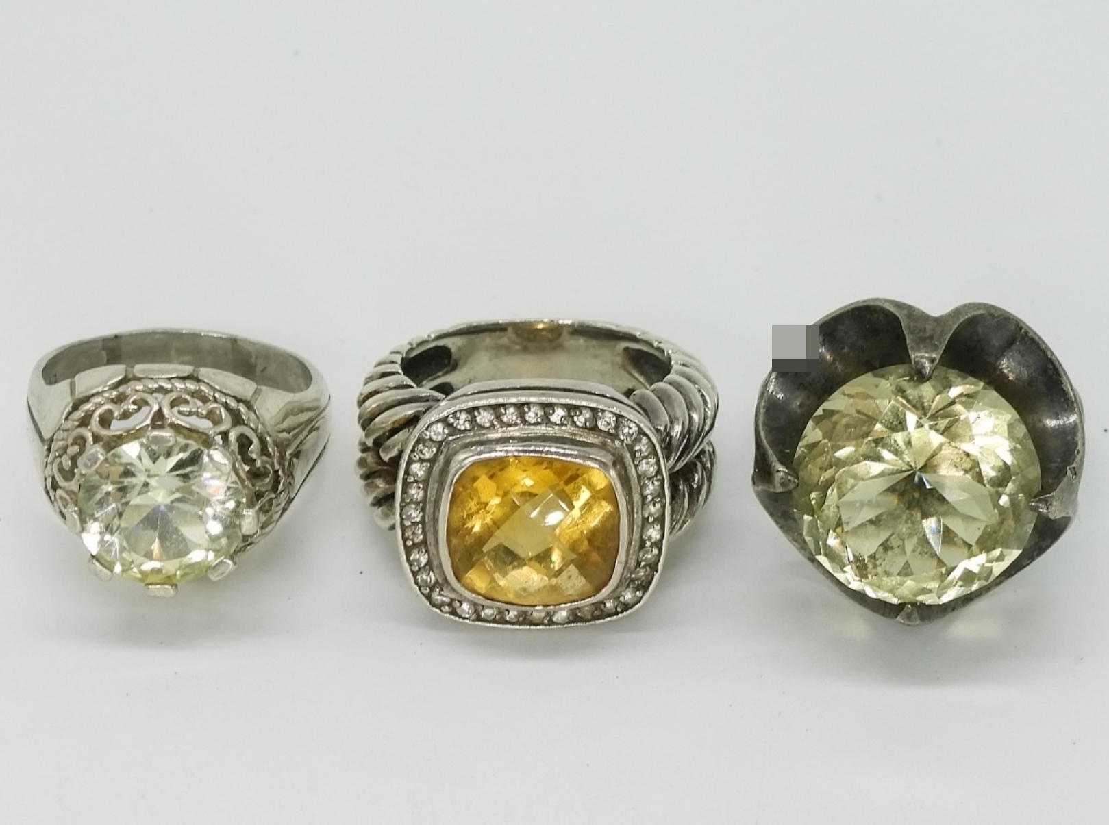 3 Sterling Rings with Yellow Gemstones