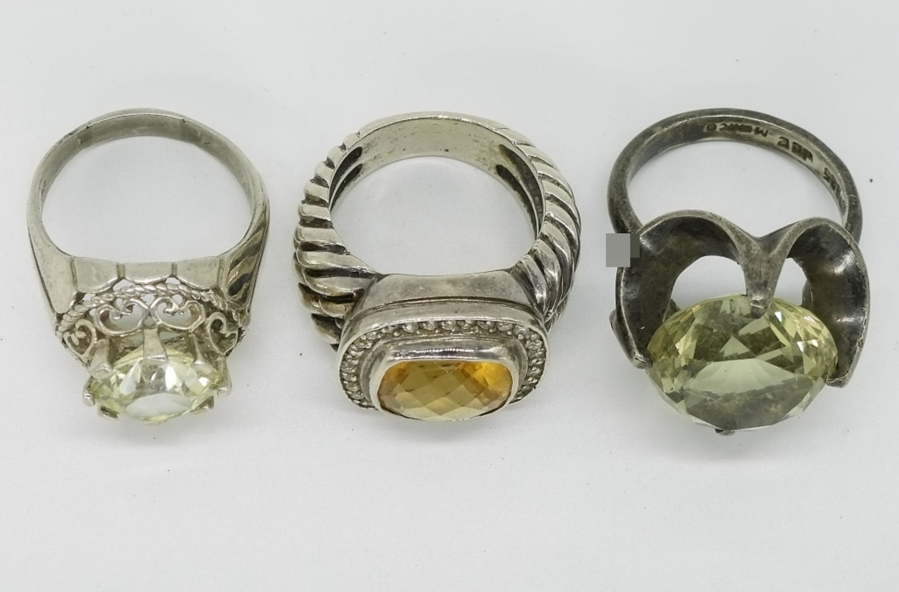 3 Sterling Rings with Yellow Gemstones