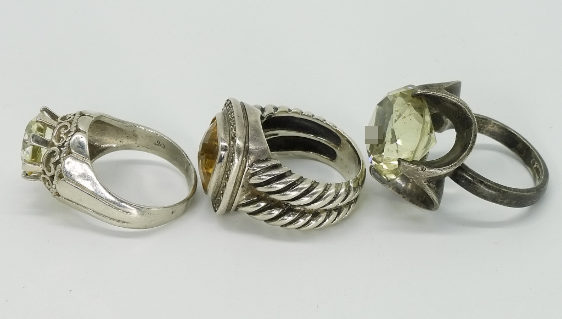 3 Sterling Rings with Yellow Gemstones