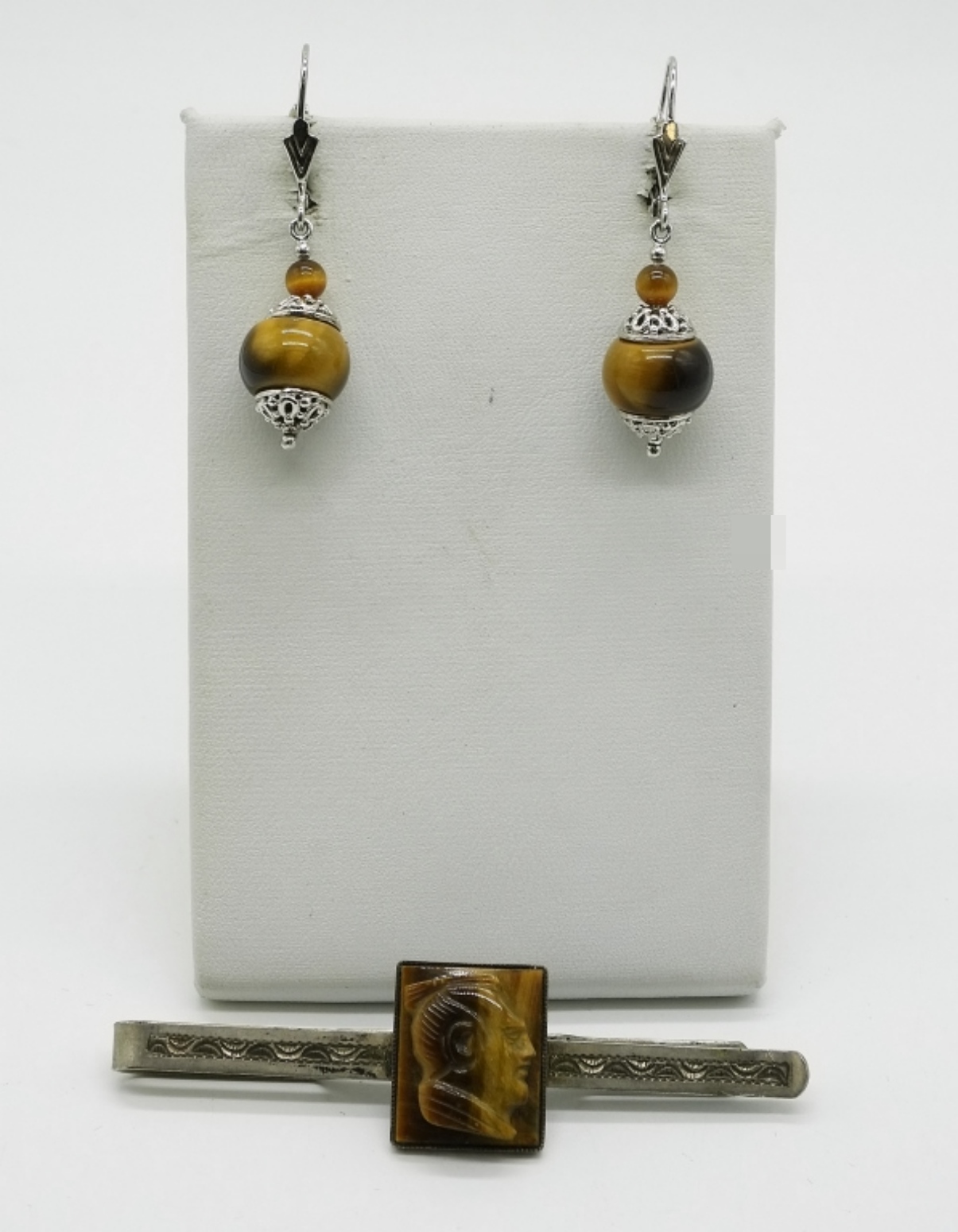 Sterling Tiger's Eye Earrings & Tie Clip