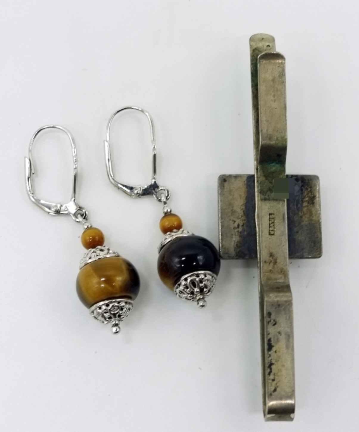 Sterling Tiger's Eye Earrings & Tie Clip