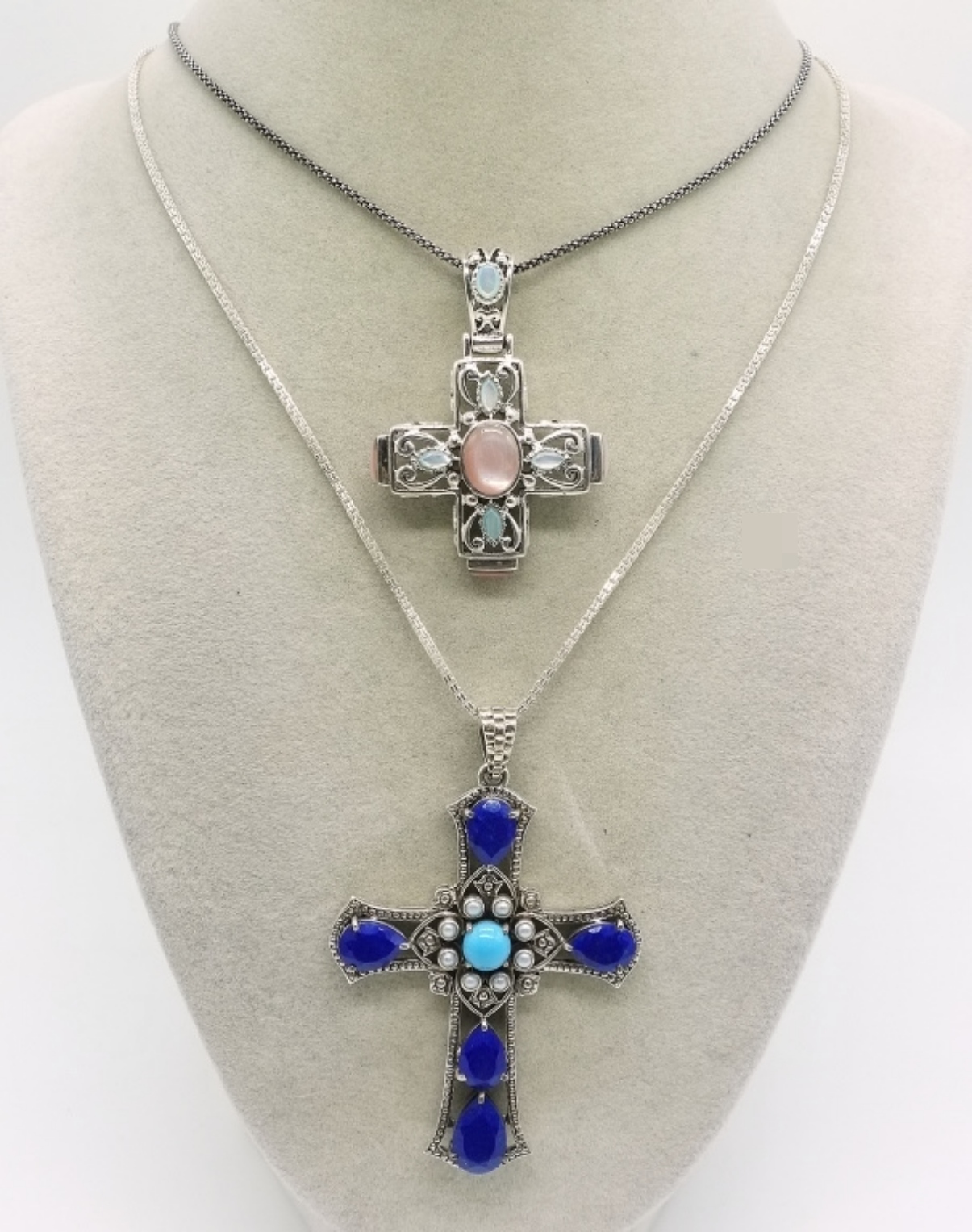 Two Sterling Cross Pendants & Chains