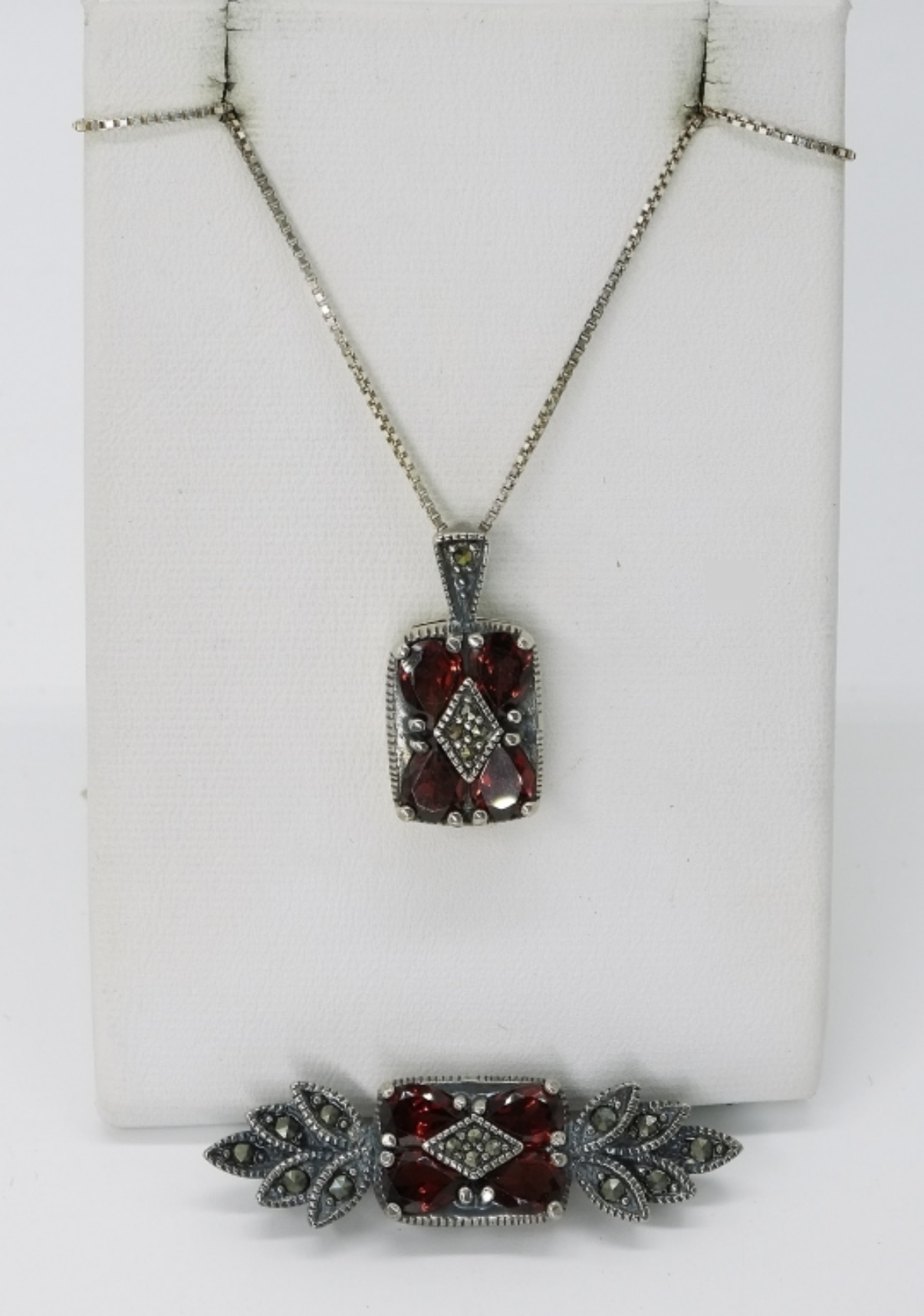 Sterling Garnet Pendant Necklace and Brooch