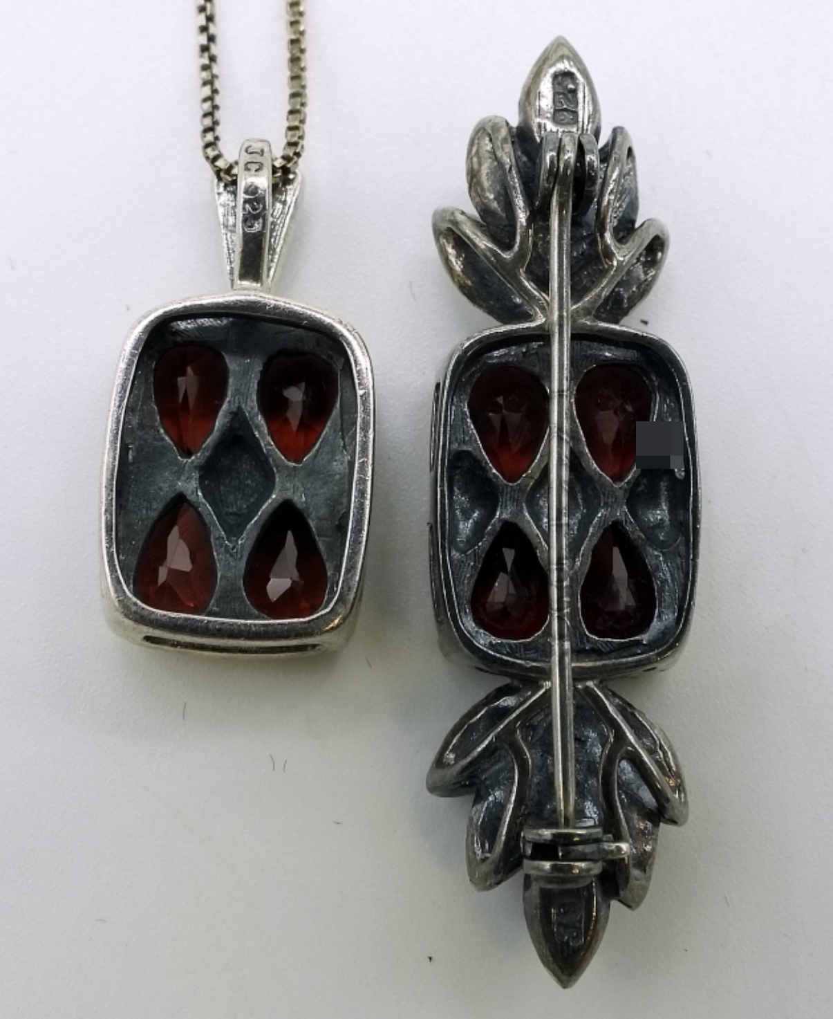 Sterling Garnet Pendant Necklace and Brooch