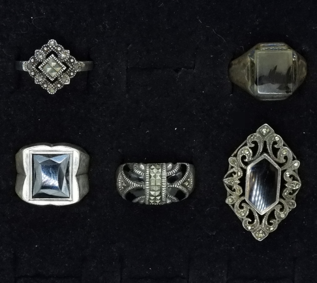 Five Sterling Marcasite Onyx Rings