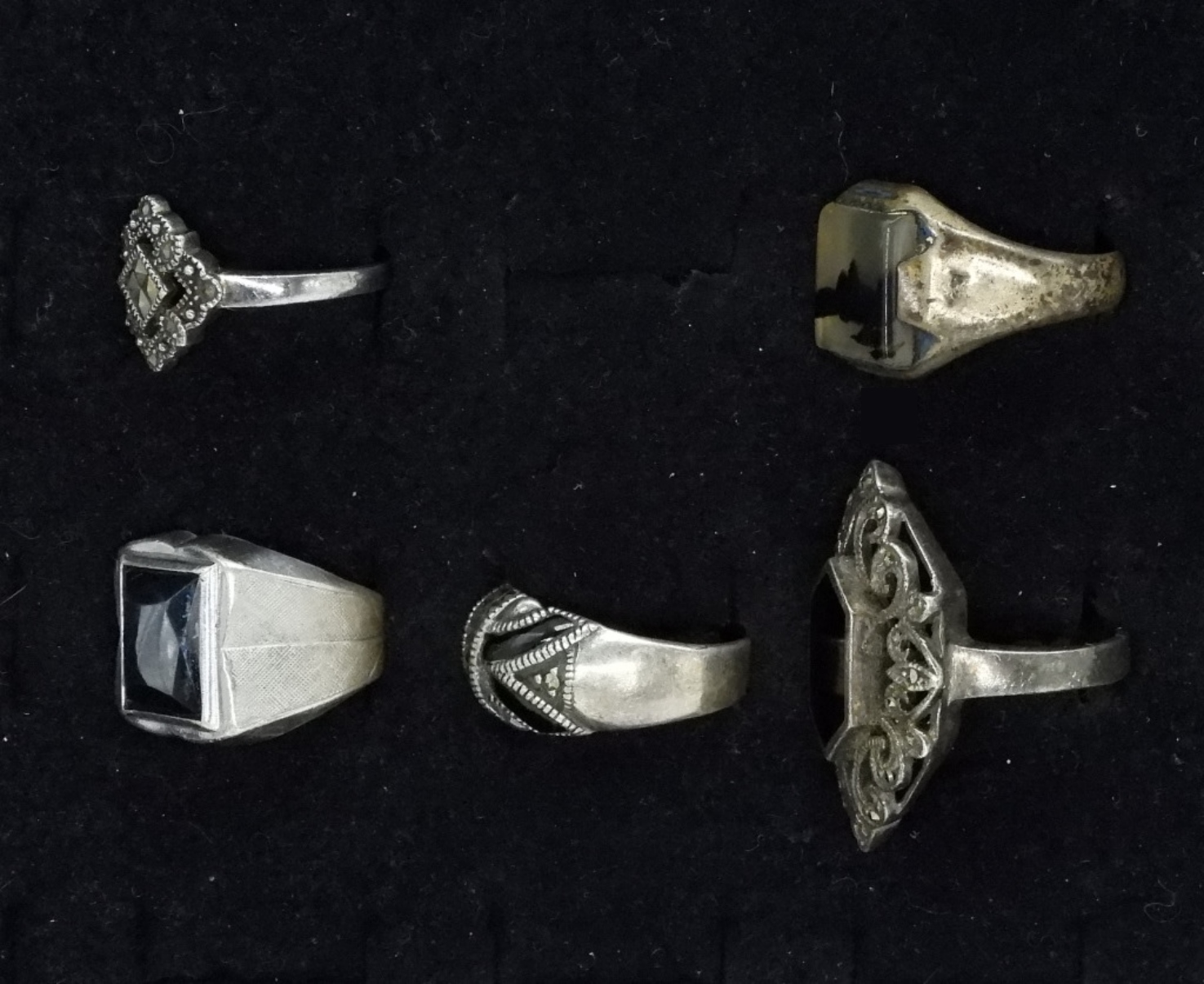 Five Sterling Marcasite Onyx Rings