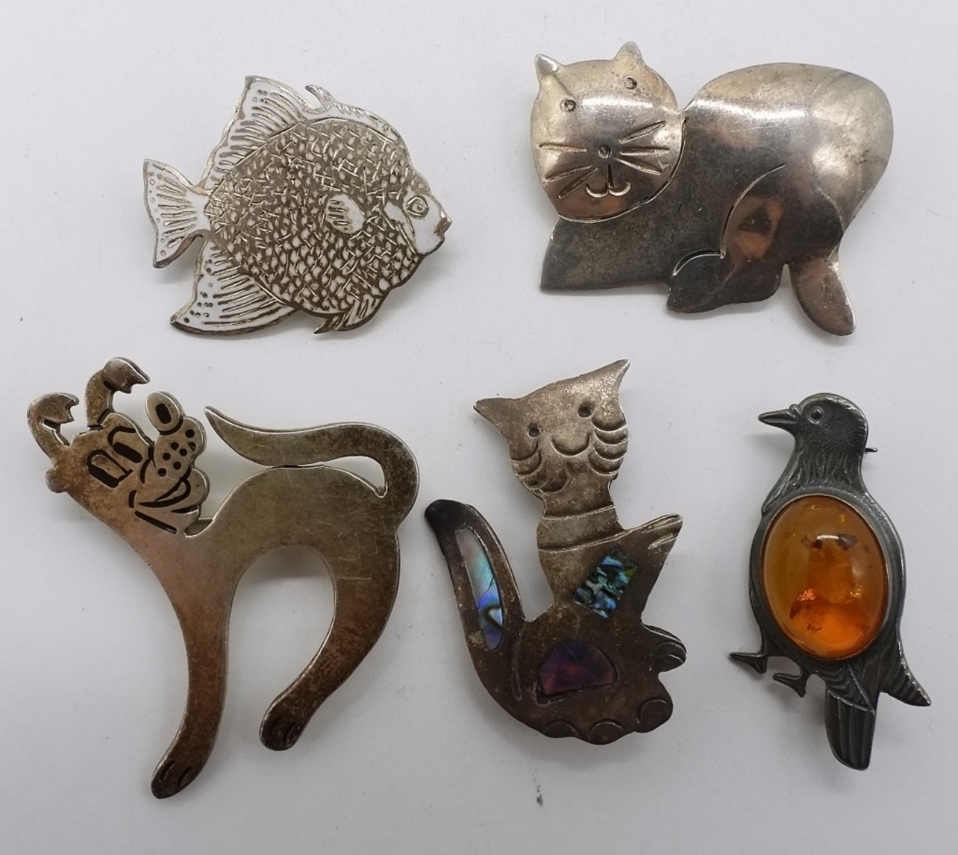 5 Sterling Animal Brooches - Amber, Abalone