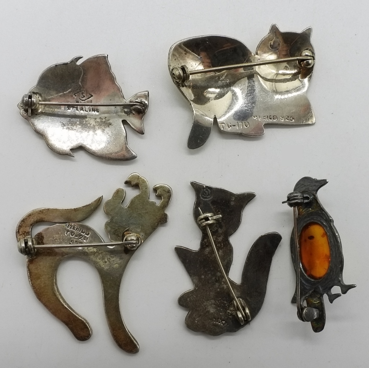 5 Sterling Animal Brooches - Amber, Abalone