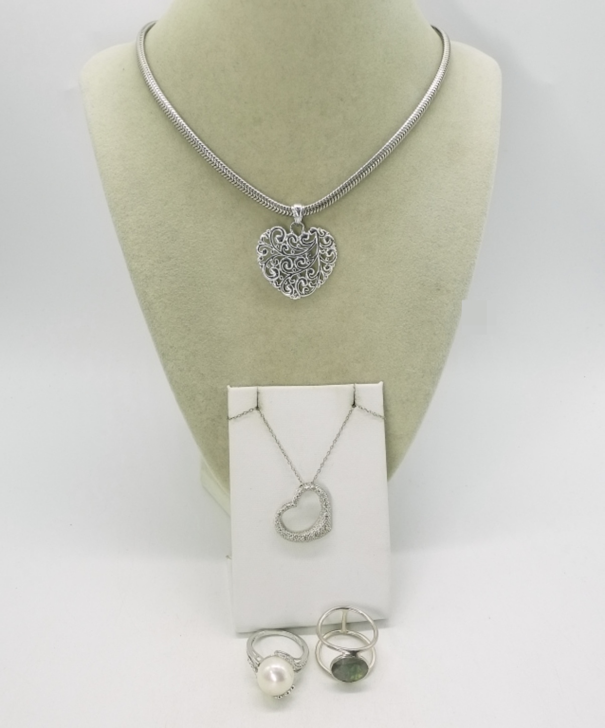 Heart Necklaces, Pearl & Abalone Rings - Sterling