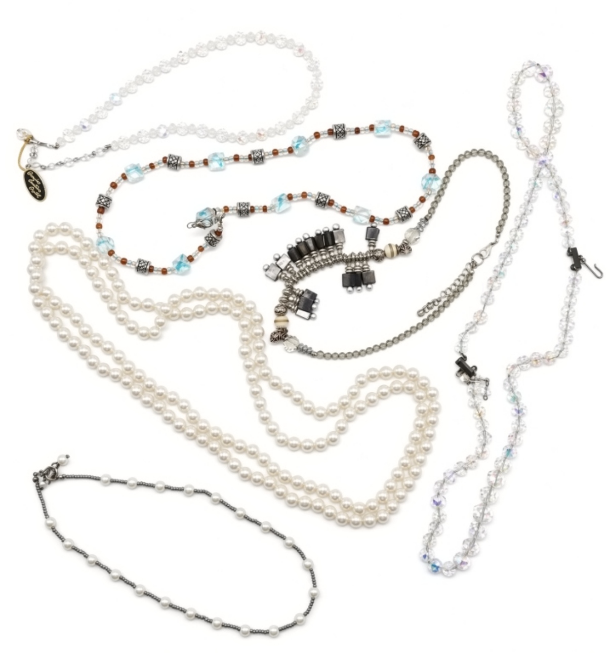(6) Clear Bead & Faux Pearl Necklaces