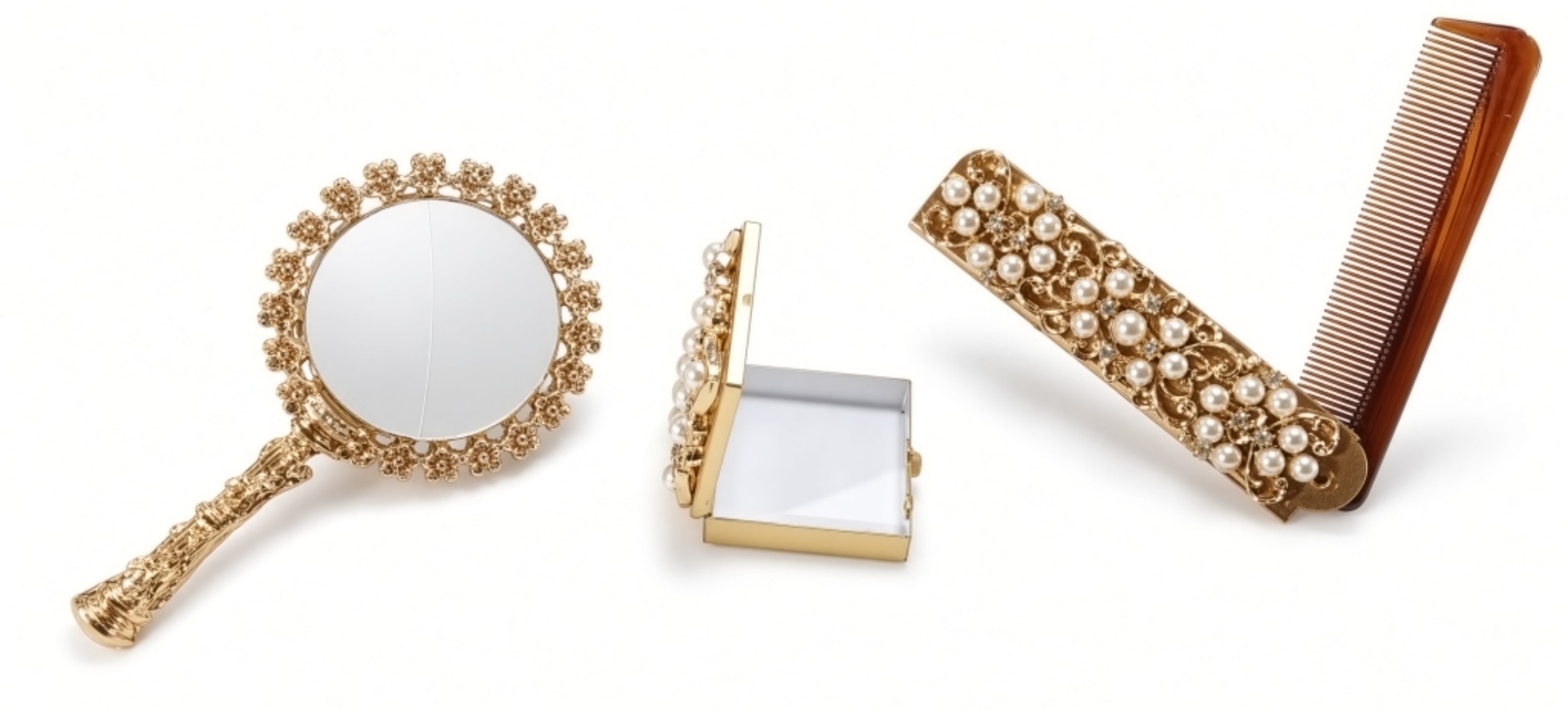 Gold-Tone Faux Pearl Vanity Set, 3 Pieces
