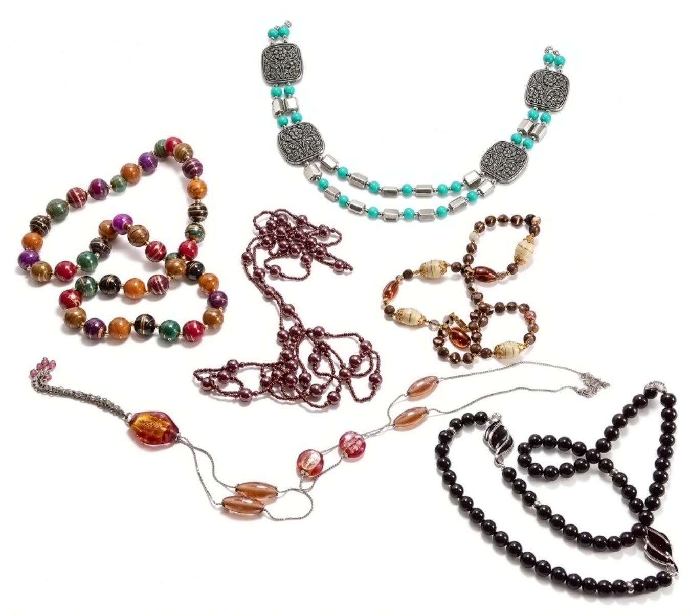 Beaded Necklace Lot, 6 Pieces Mixed Tones