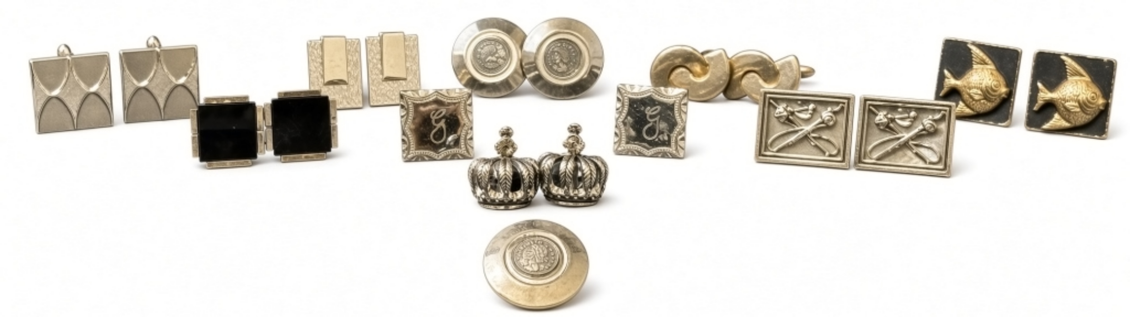 Silver-Tone Cuff Links Lot, 9 Pair + Clip