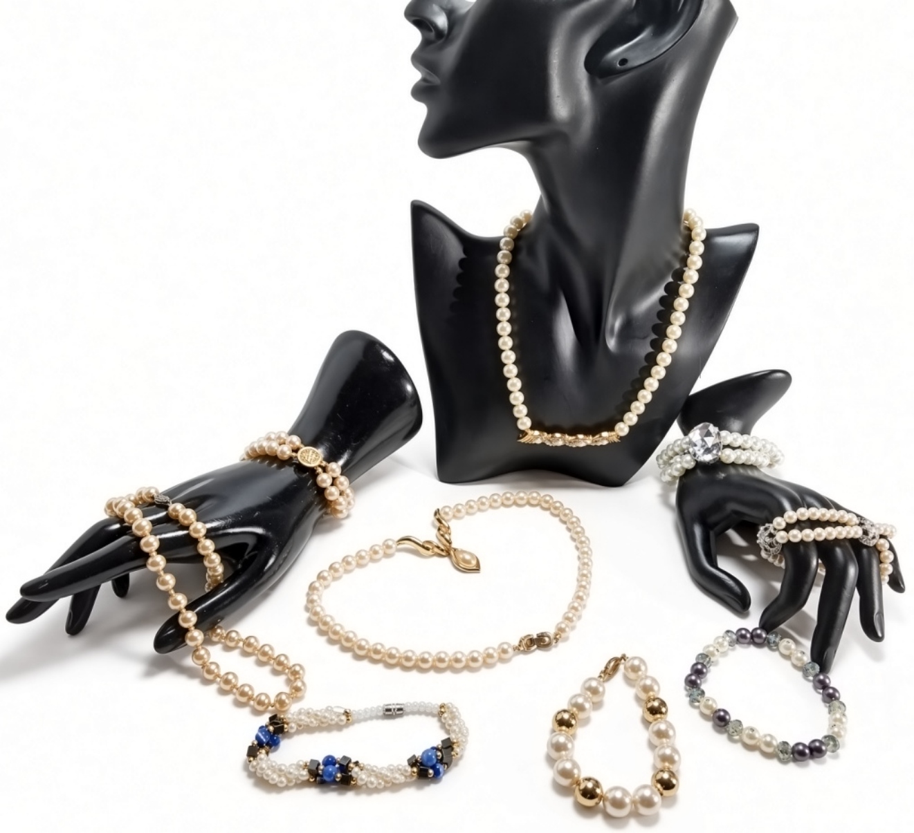 2Costume Jewelry Lot, 9 Pieces Gold-Tone & Pearls