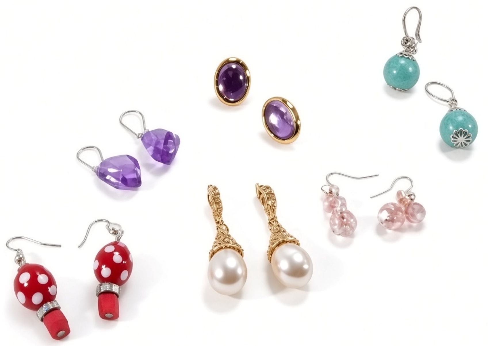 Mixed Costume Jewelry Lot, 6 Pairs Earrings