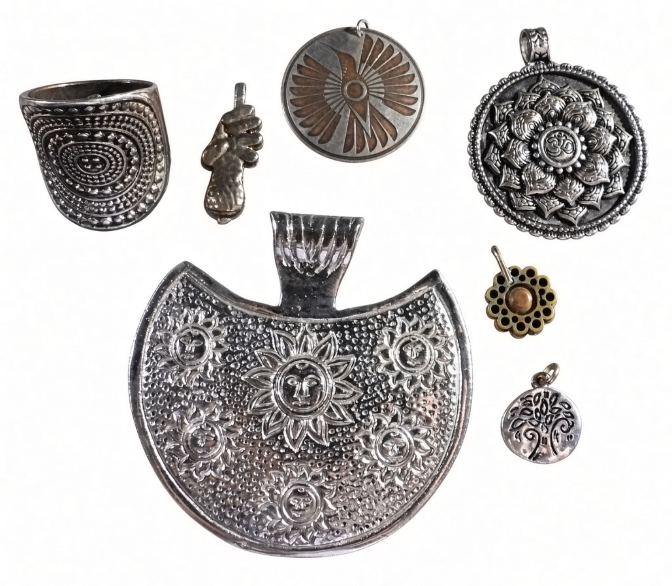 Lot 7 Artisan Bohemian Pendants & Shield Ring