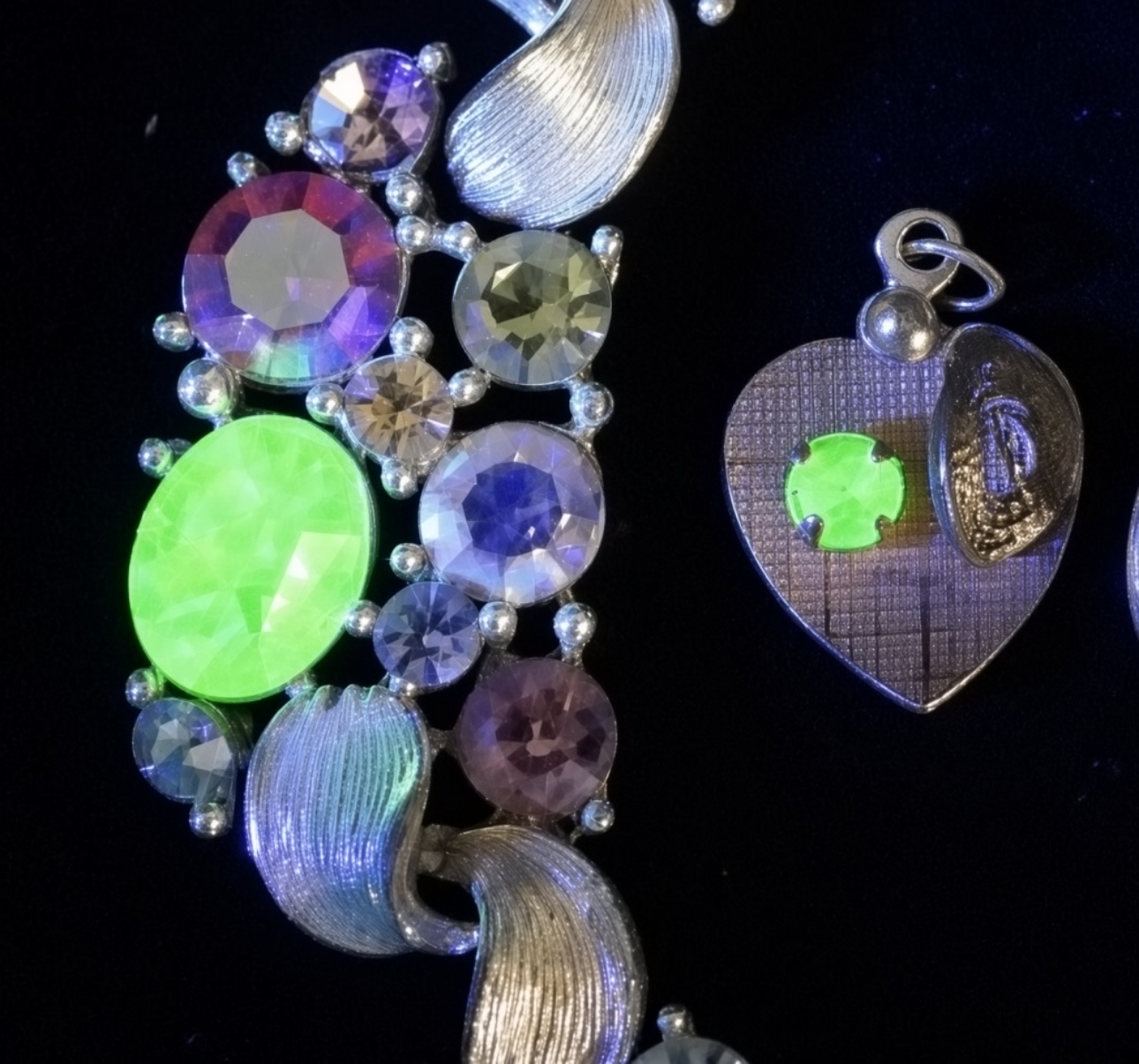 Uranium Glass Bracelet With Two Heart Charms