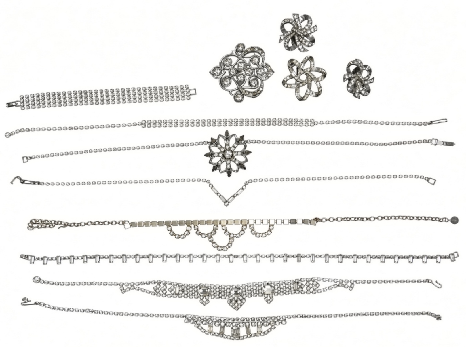 12 Vintage Rhinestone Silver-Tone Jewelry Lot