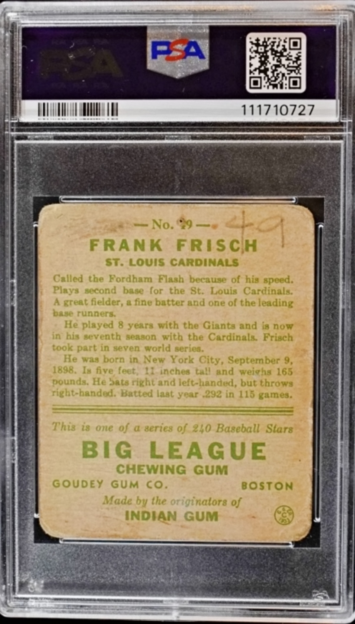 1933 Goudey #49 Frank Frisch PSA 1