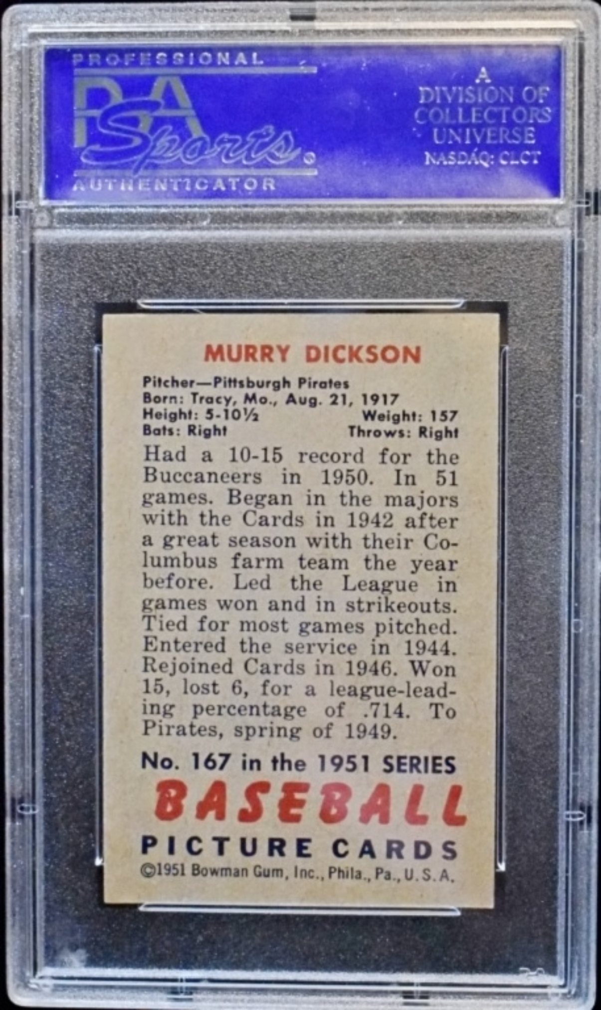 1951 Bowman #167 Murray Dickson PSA 8