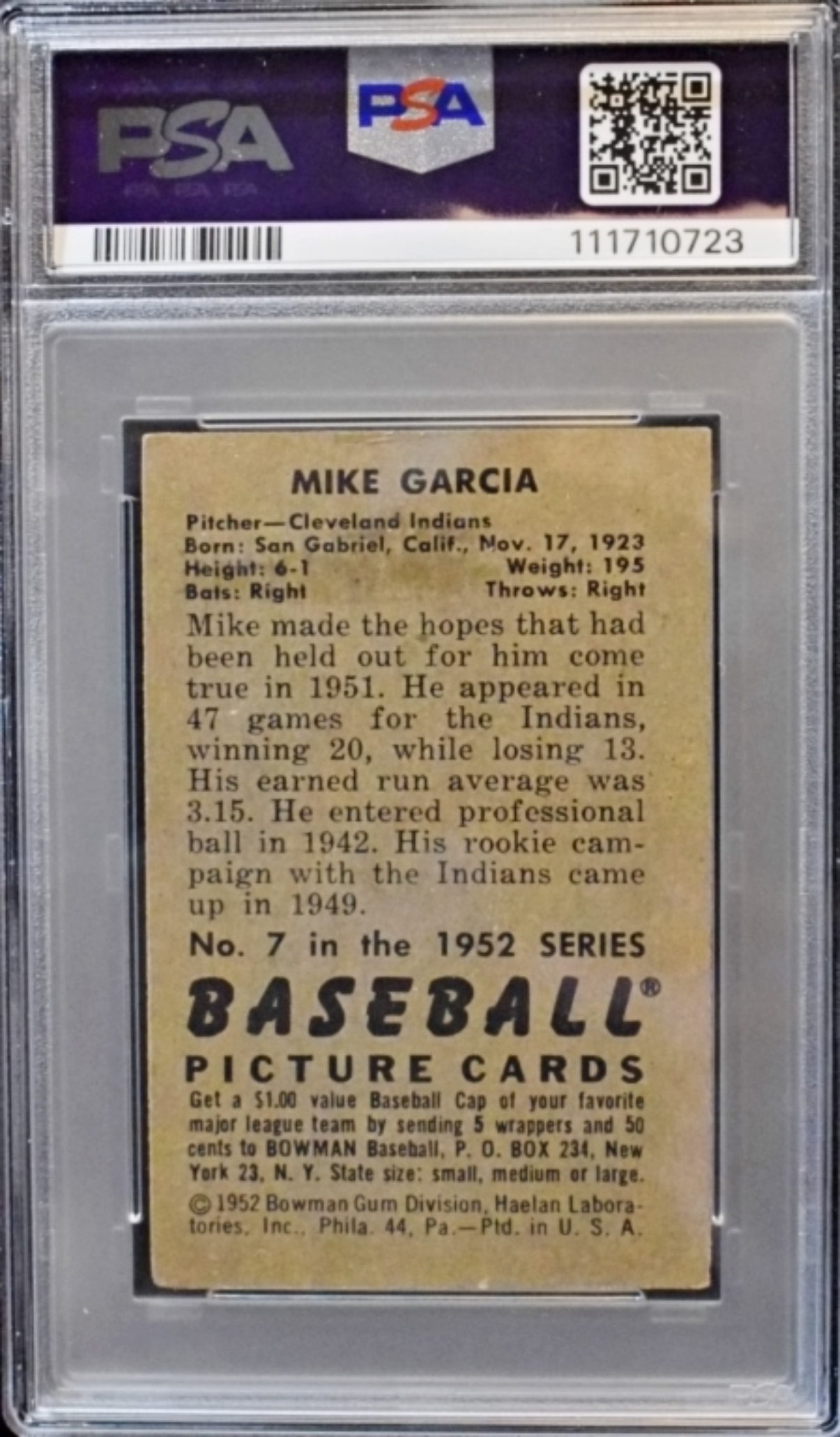 1952 Bowman Mike Garcia #7 PSA 4