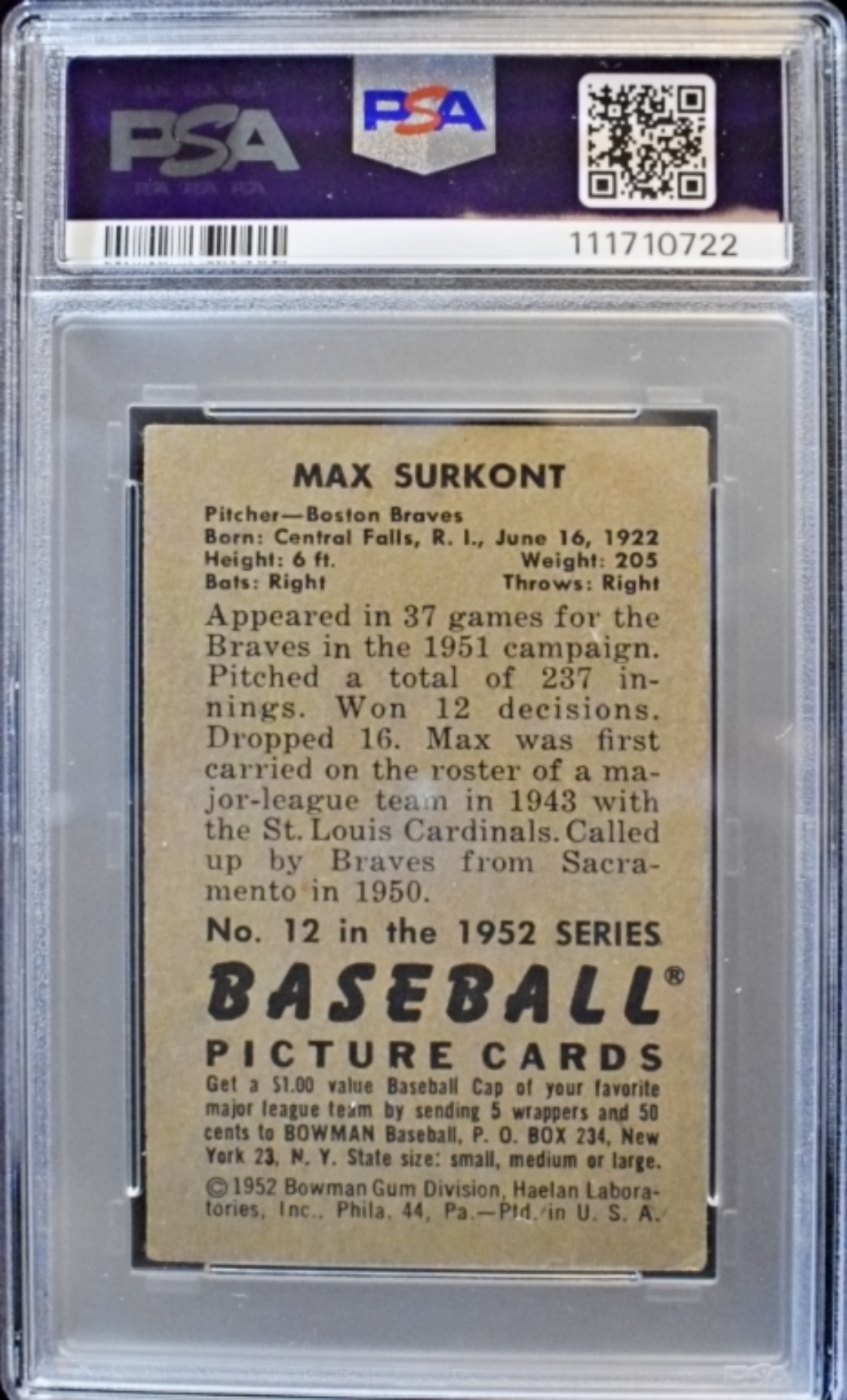 1952 Bowman #12 Max Surkont PSA 4