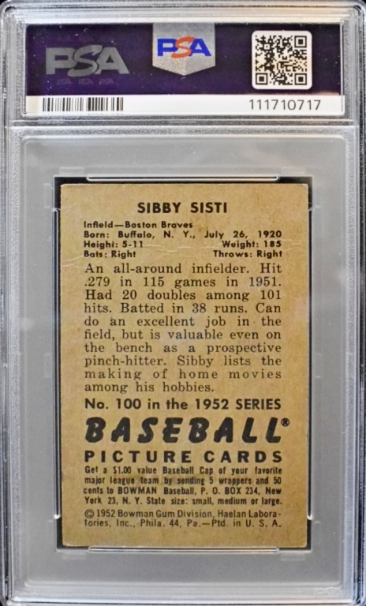1952 Bowman #100 Sibby Sisti PSA 2