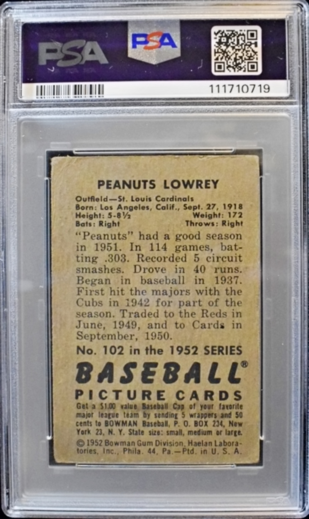 1952 Bowman #102 Peanuts Lowrey PSA 2