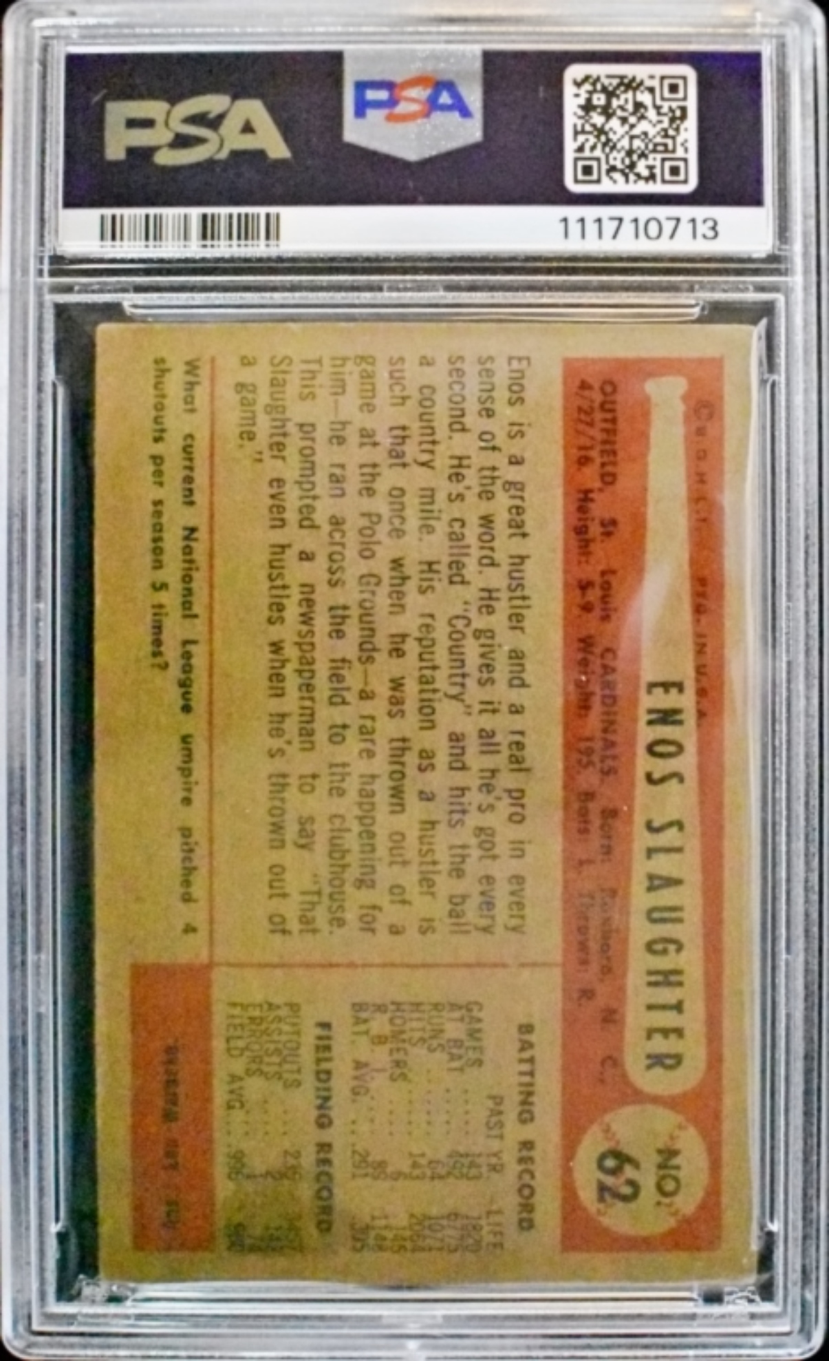 1954 Bowman #62 Enos Slaughter PSA 4