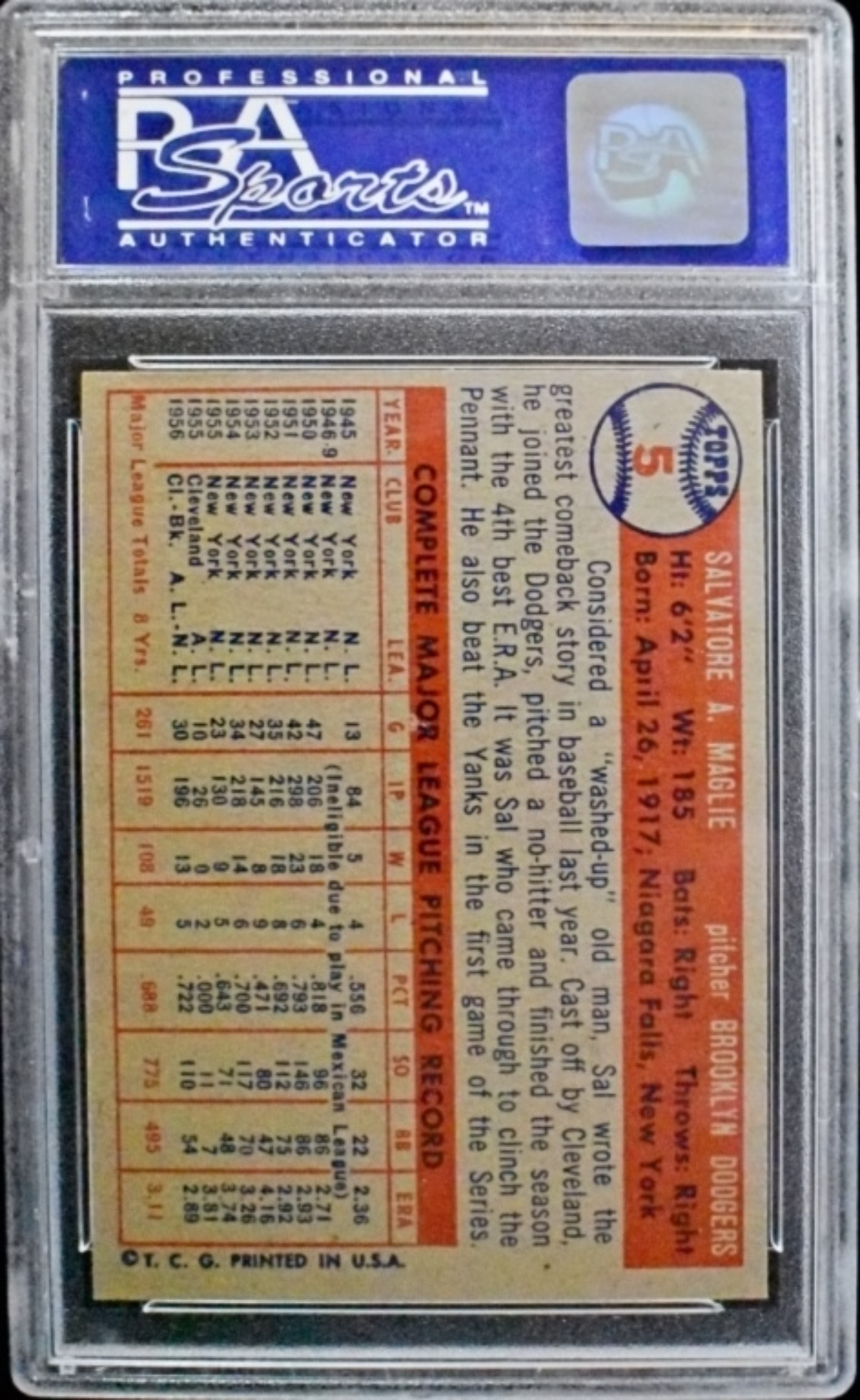 1957 Topps #5 Sal Maglie PSA 8