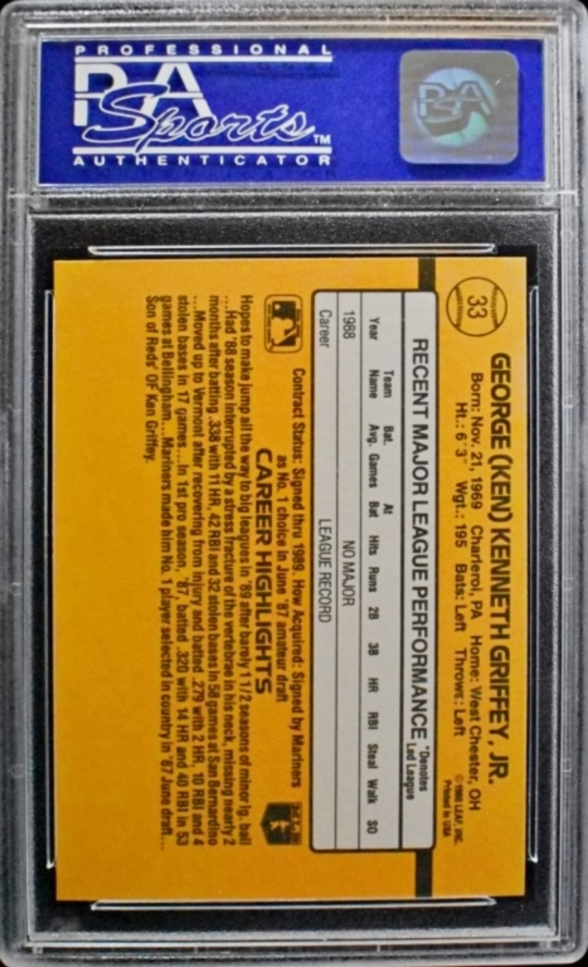1989 Donruss #33 Ken Griffey Jr Rookie PSA 8