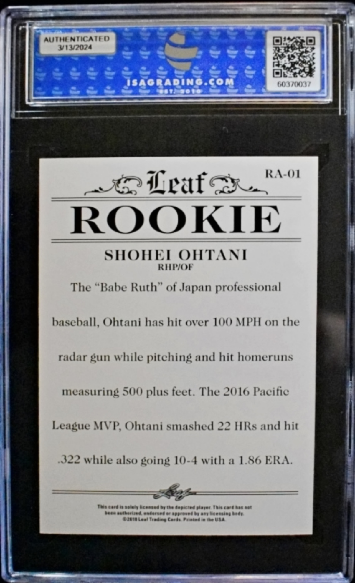 2018 Leaf Rookie #RA-01 Shohei Ohtani ISA 10