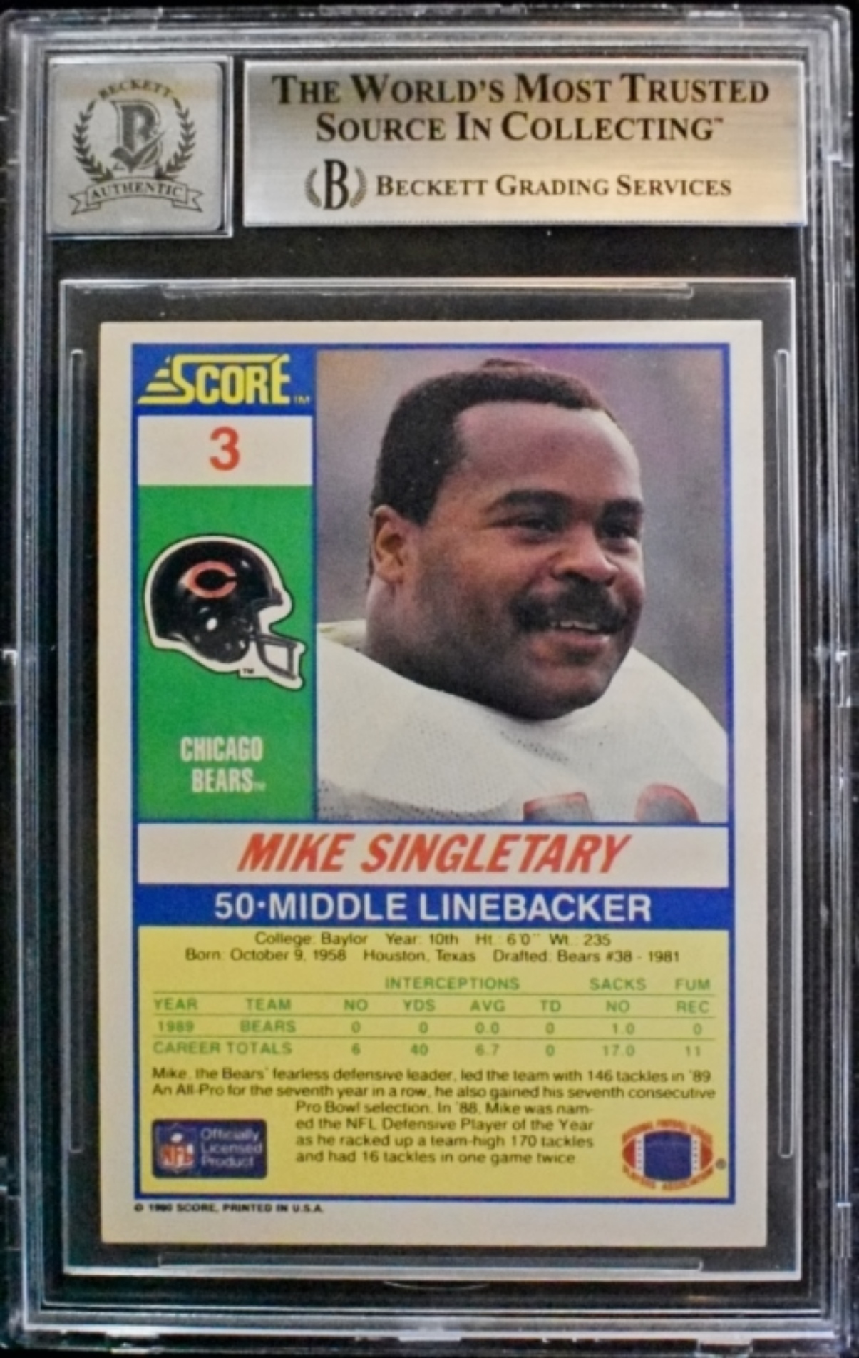1990 Score Singletary Auto Beckett Auth