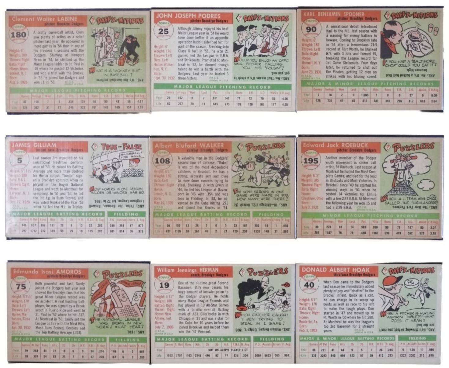 20-1956 Topps Dodgers Cards w/Team Card