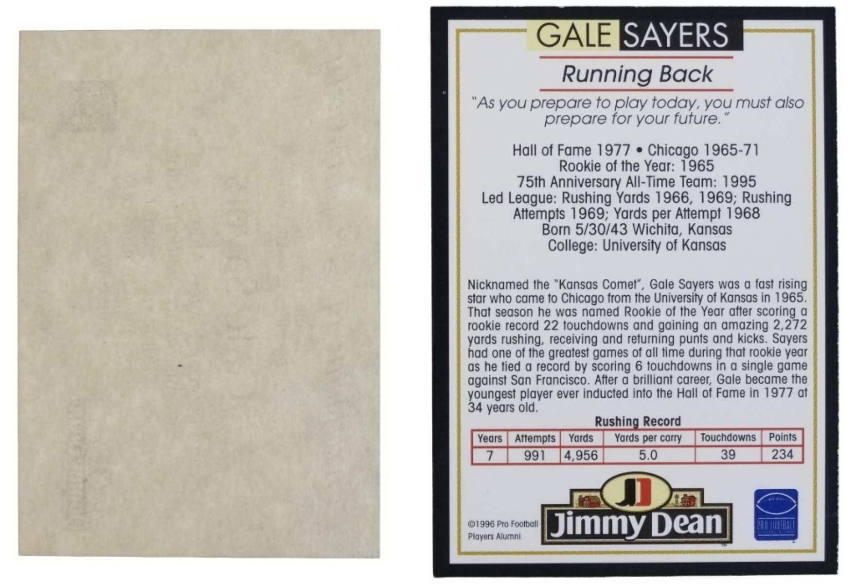 1996 Gale Sayers Signed Card