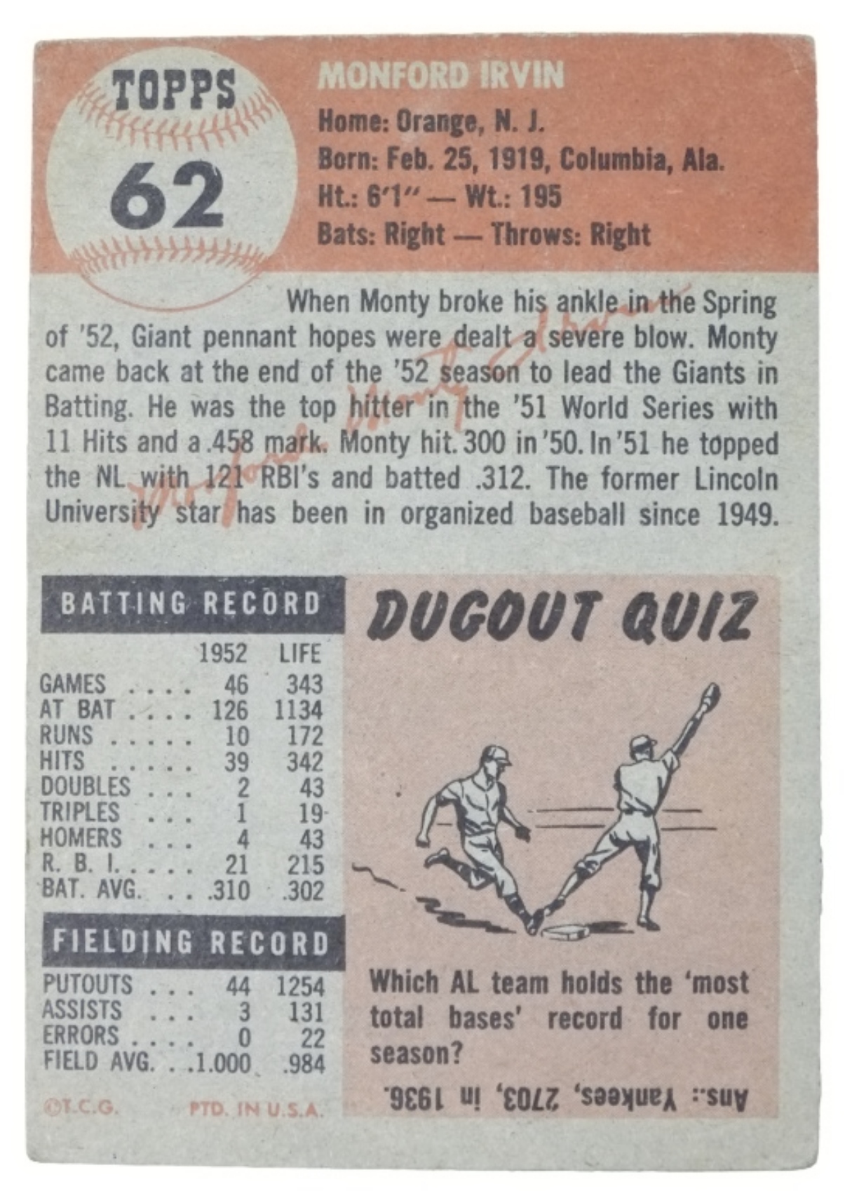 1953 Topps #62 Monte Irvin