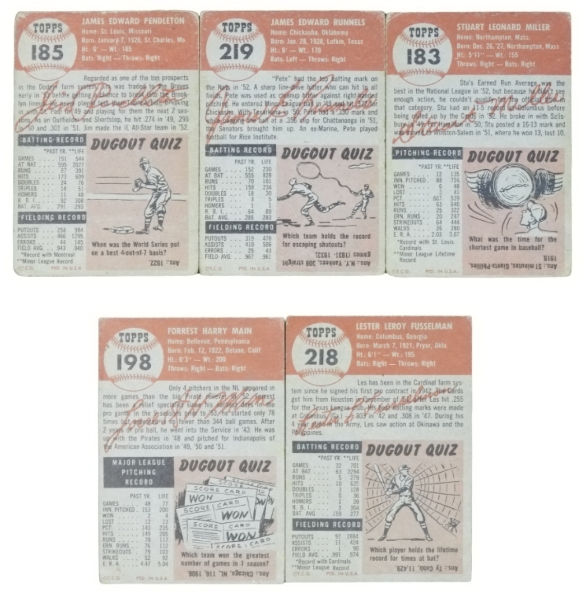 5-1953 Topps Baseball Cards