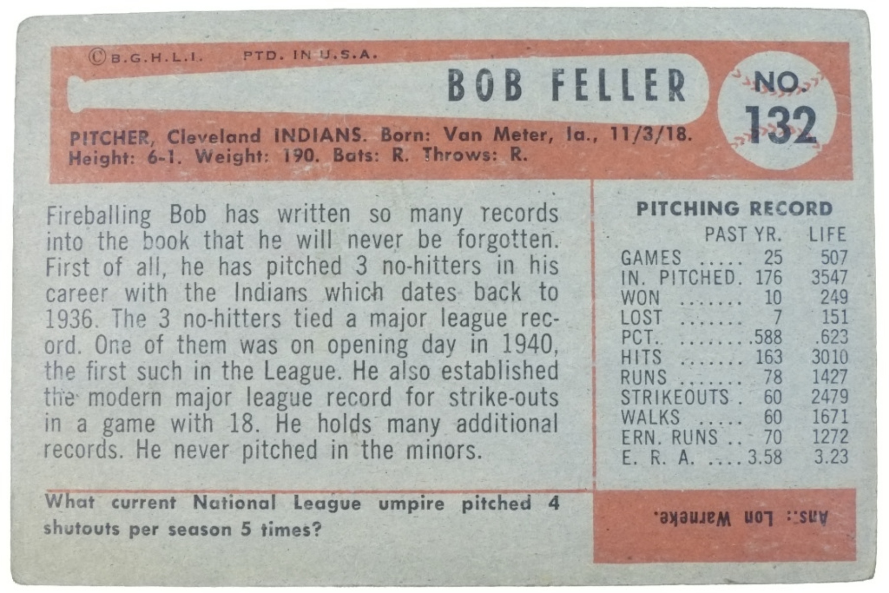 1954 Bowman #132 Bob Feller
