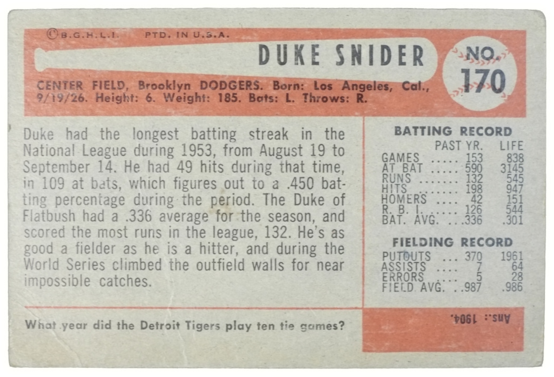 1954 Bowman #170 Duke Snider