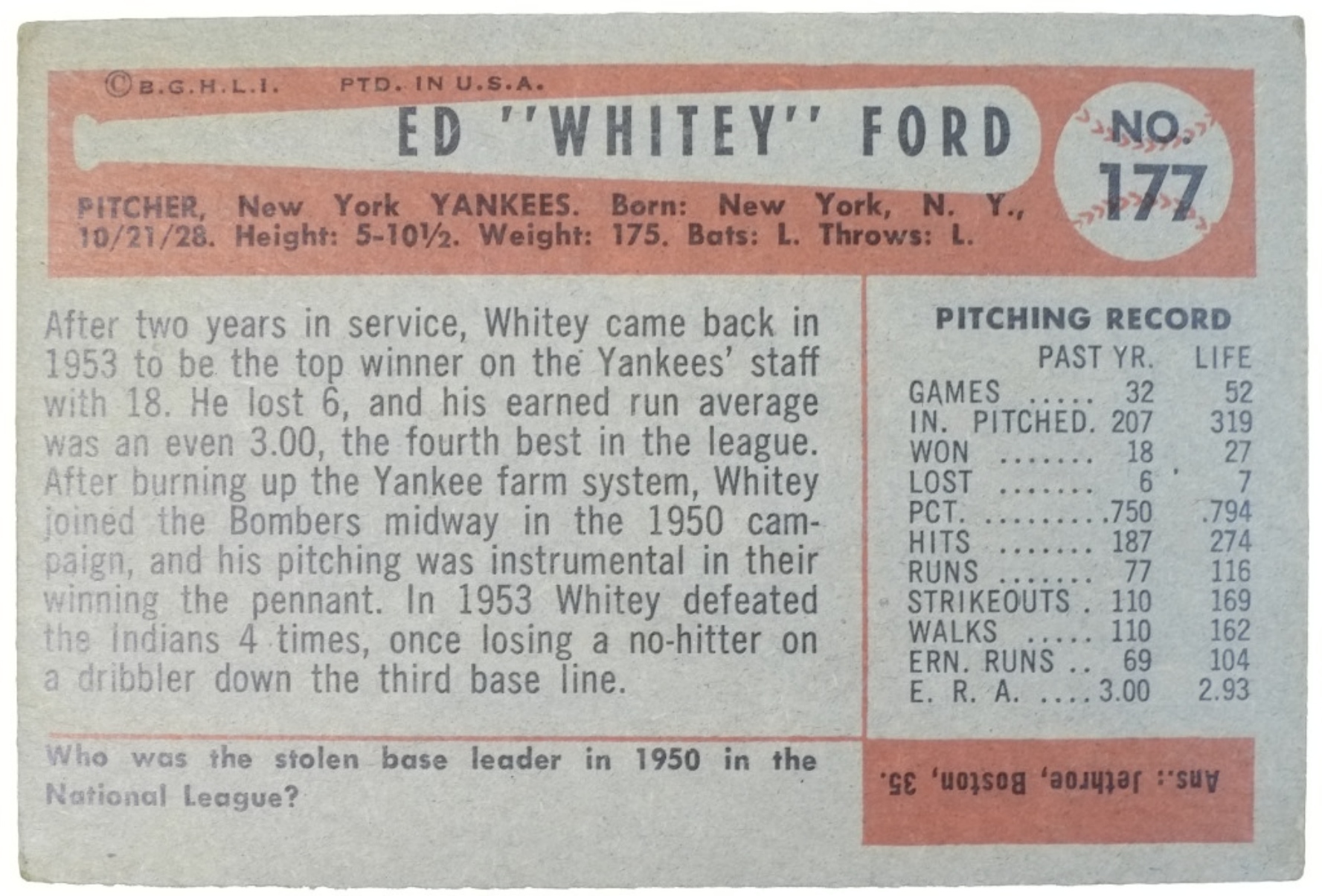 1954 Bowman #177 Whitey Ford