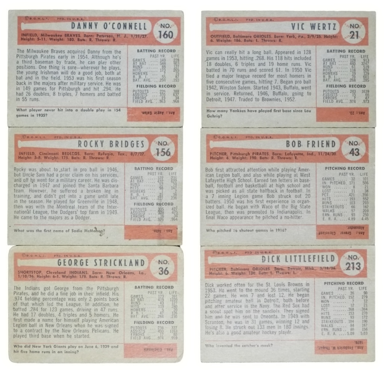 6-1954 Bowman Baseball Cards