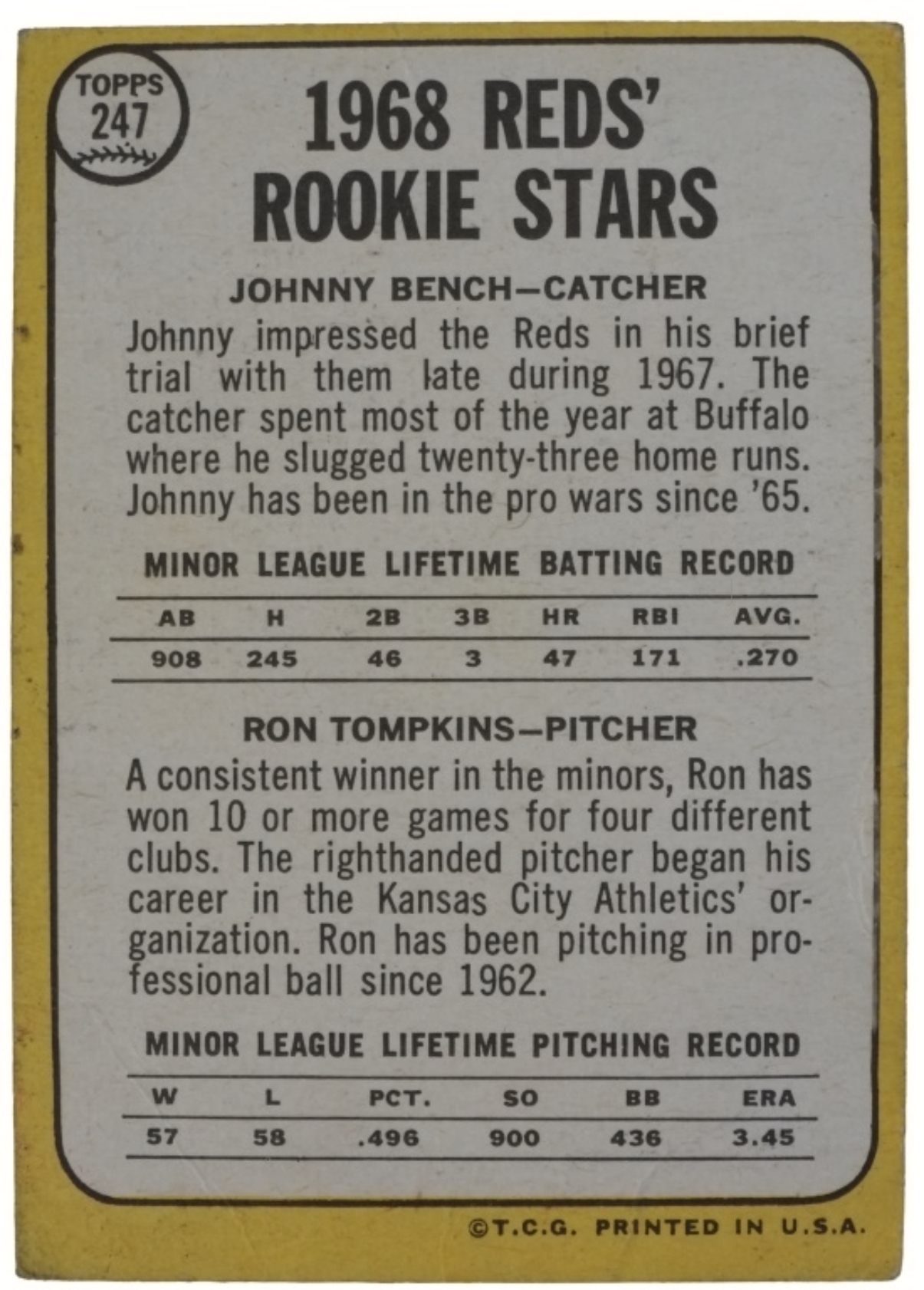 1968 Topps #247 Johnny Bench Rookie